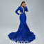 Elegant Royal Blue Special Fabric Long Sleeve V-Neck Mermaid Long Prom Dresses,PDS0460