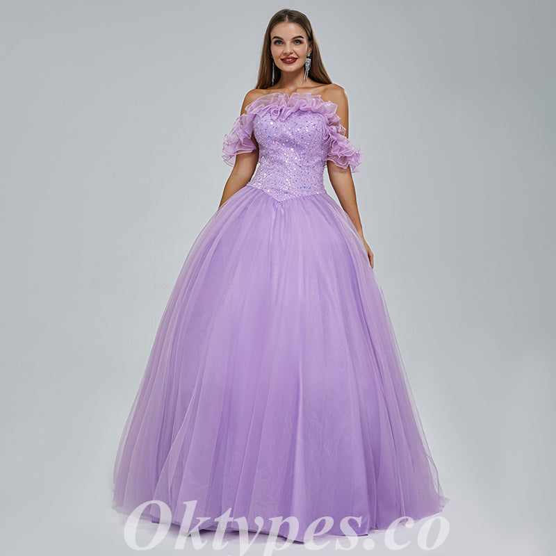 Purple Sequin Tulle Sweetheart Off Shoulder A-Line Long Prom Dresses,PDS0462