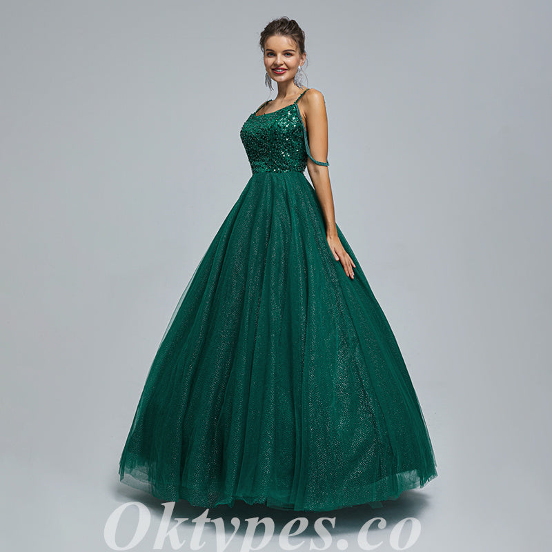 Elegant Sequin Top Tulle Bottom Lace Up Back A-Line Long Prom Dresses,PDS0464