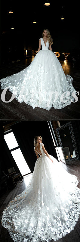 Elegant Deep V-Neck Cap Sleeve A-Line Long Wedding Dresses With Butterfly Applique,WDS0138