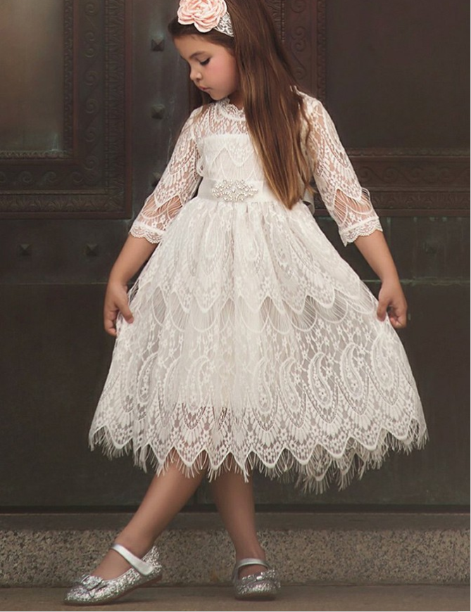 A-Line Round Neck White Lace Flower Girl Dresses with Sash&Beading, TYP1327