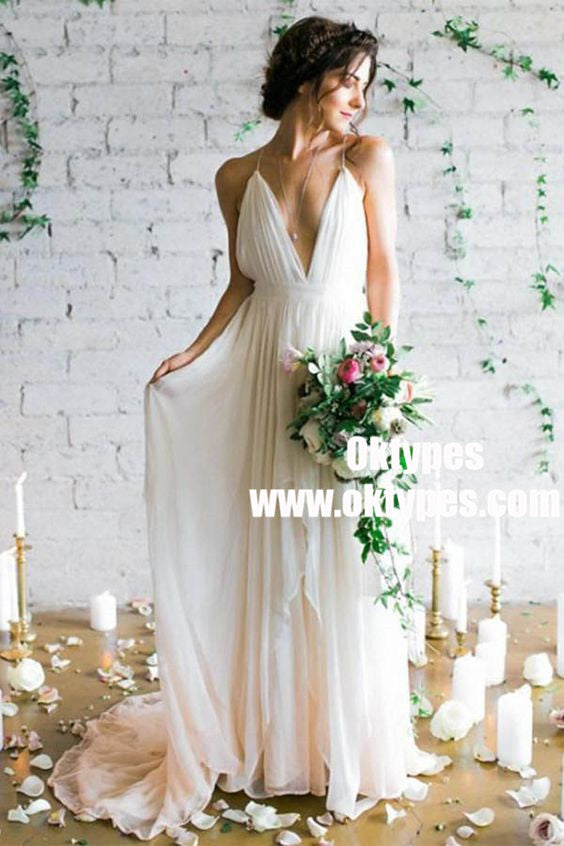 A-Line Deep V-Neck Sweep Train Backless Ivory Chiffon Wedding Dress with Pleats, TYP0856