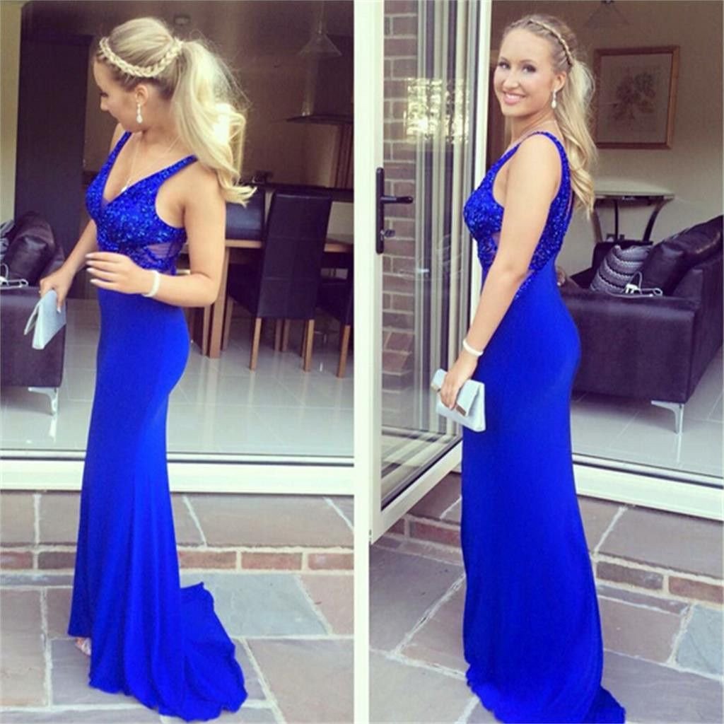 Royal Blue V-neck Sleeveless Shinny Long Mermaid Jersey Prom Dresses, TYP0036