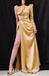 Sexy Satin One Shoulder Long Sleeve Side Slit Mermaid Long Prom Dresses,PDS0671