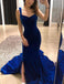 Charming Royal Blue Velvet Mermaid Prom Dresses with Split, TYP1608