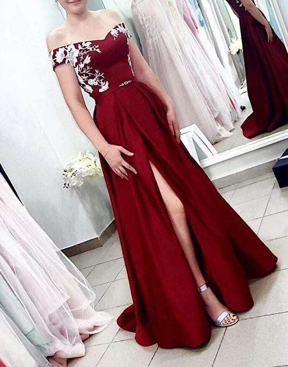 Burgundy Off Shoulder Floor Length Satin Prom Dresses with Split, TYP1606