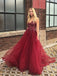 Burgundy V-neck Beading Bodice Long Tulle Prom Dresses, TYP1603