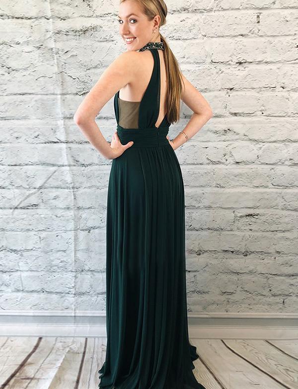 Charming Dark Green Long Chiffon Prom Dresses with Split&Beaded, TYP1600