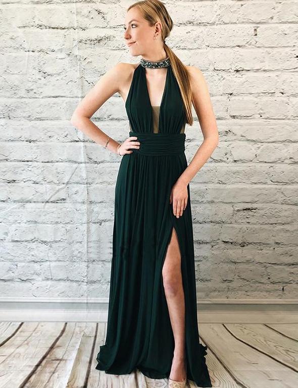 Charming Dark Green Long Chiffon Prom Dresses with Split&Beaded, TYP1600