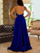 A Line Royal Blue Long Satin Prom Dresses with Split&Beaded, TYP1598