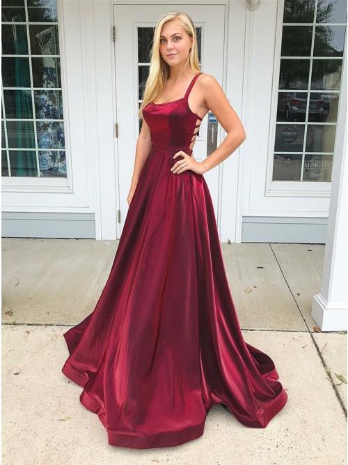 Charming Simple Burgundy Straps Long Satin Prom Dresses, TYP1596