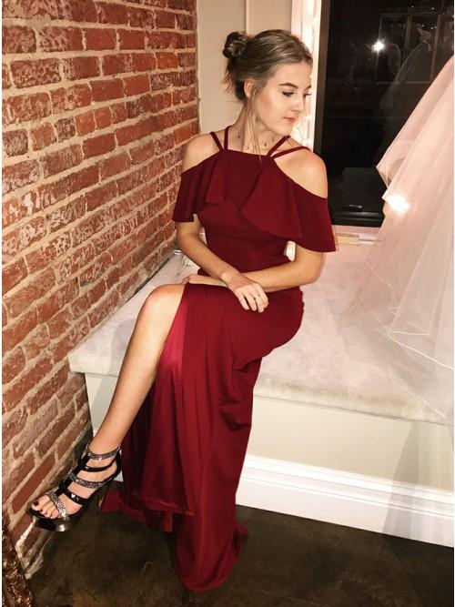 Unique Design Burgundy Off Shoulder Long Sheath Jersey Prom Dresses, TYP1592