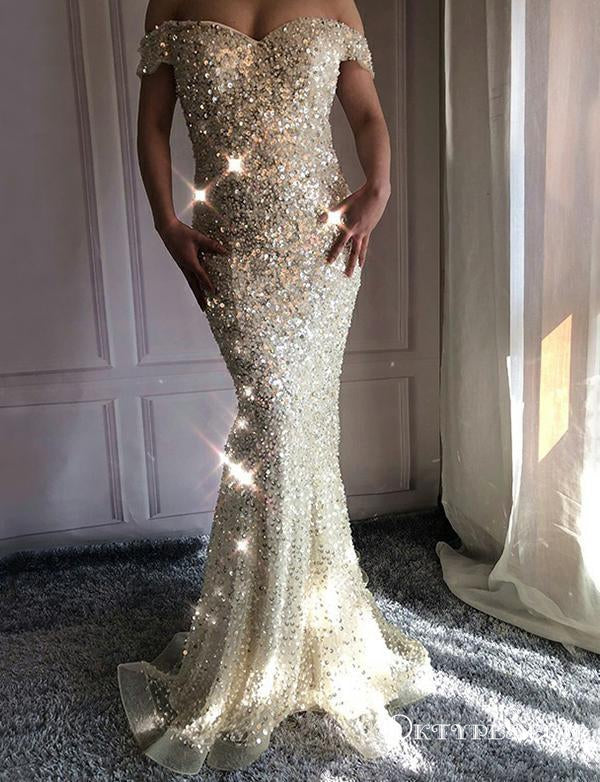 Mermaid Off The Shoulder Long Prom Dresses With Heavy Beaded, TYP1766