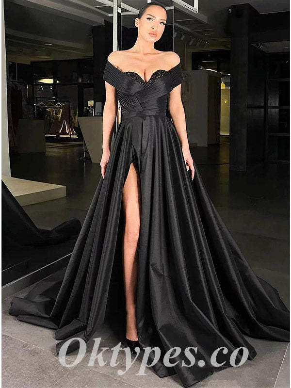 Sexy Satin And Sequin Off Shoulder V-Neck Side Slit A-Line Long Prom Dresses, PDS0907