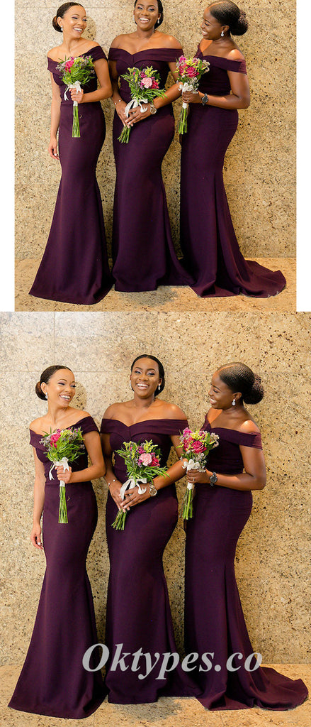 Elegant Soft Satin Off Shoulder V-Neck Sleeveless Mermaid Floor Length Bridesmaid Dressses, BDS0246