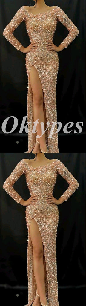 Sexy Sequin V-Neck Long Sleeve Side Slit Mermaid Long Prom Dresses , PDS0853