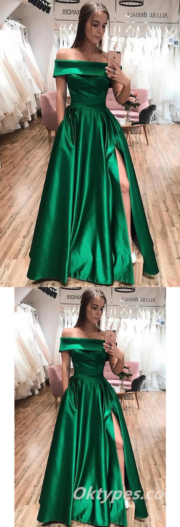 Sexy Satin Sweetheart Off Shoulder Sleeveless Side Slit A-Line Long Prom Dresses,PDS0436