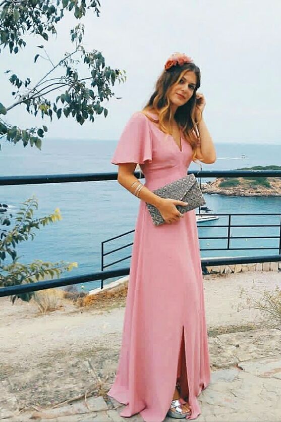 Unique V-Neck Short Sleeves Side Slit Pink Chiffon Long Cheap Bridesmaid Dresses Online, TYP1051