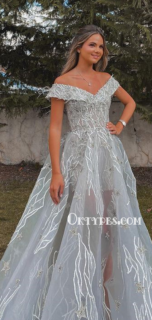 Popular Off-shoulder Ball Gown A-line Tulle Long Prom Dresses, PDS0186