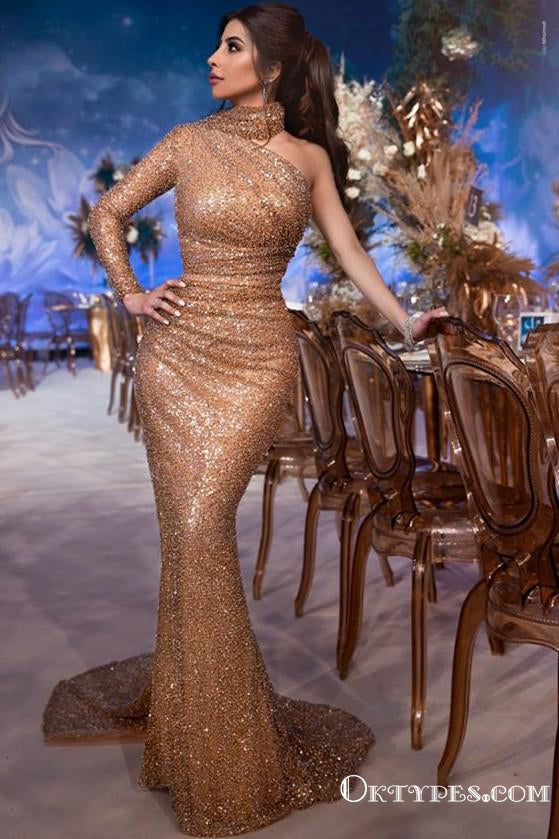 Gorgeous High-Neck One-Shoulder Mermaid Long-Sleeves Prom Dresses, TYP1928