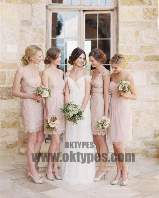 Mismatched Junior Pretty Short Lace Knee-Length Blush Pink Mini Custom Make Discount Bridesmaid Dress, TYP0410