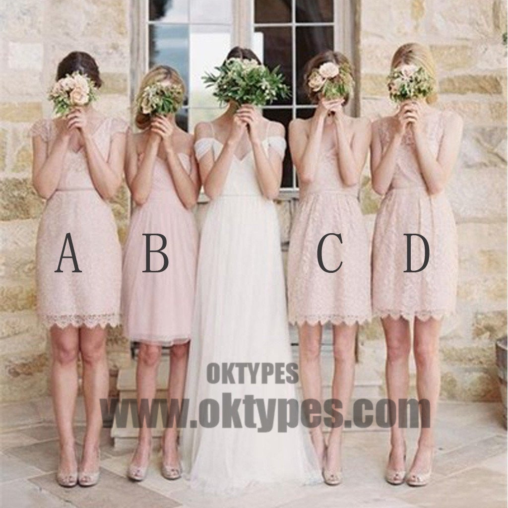 Mismatched Junior Pretty Short Lace Knee-Length Blush Pink Mini Custom Make Discount Bridesmaid Dress, TYP0410