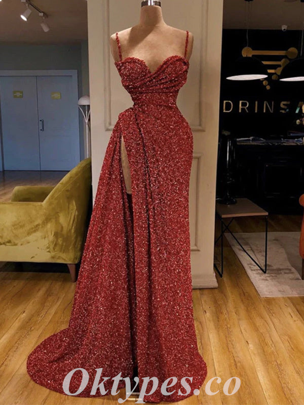 Sexy Red Sequin Spaghetti Straps V-Neck Side Slit Mermaid Long Prom Dresses,PDS0702