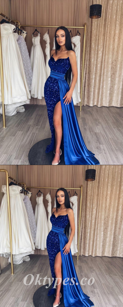 Sexy Royal Blue Sequin And Satin Sweetheart  Sleeveless Side Slit Mermaid Long Prom Dresses/Evening Dresses ,PDS0472