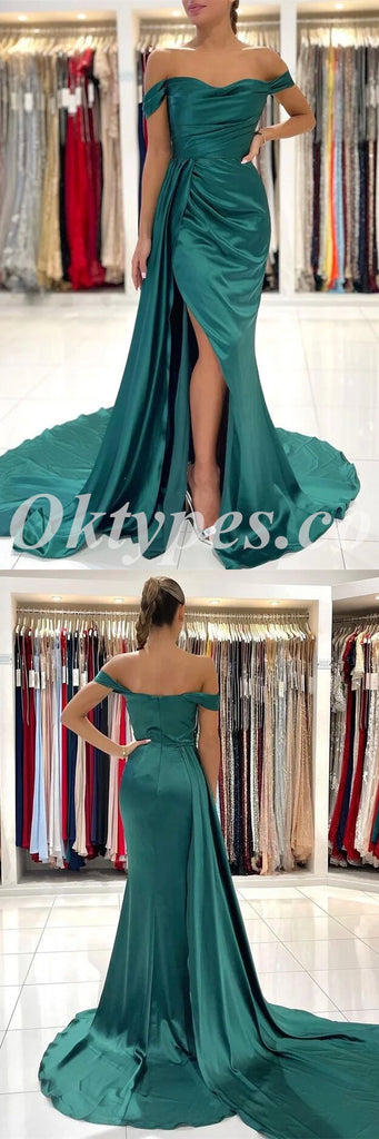 Sexy Satin Off Shoulder Sleeveless Side Slit Mermaid Long Prom Dresses With Trailing,PDS0736