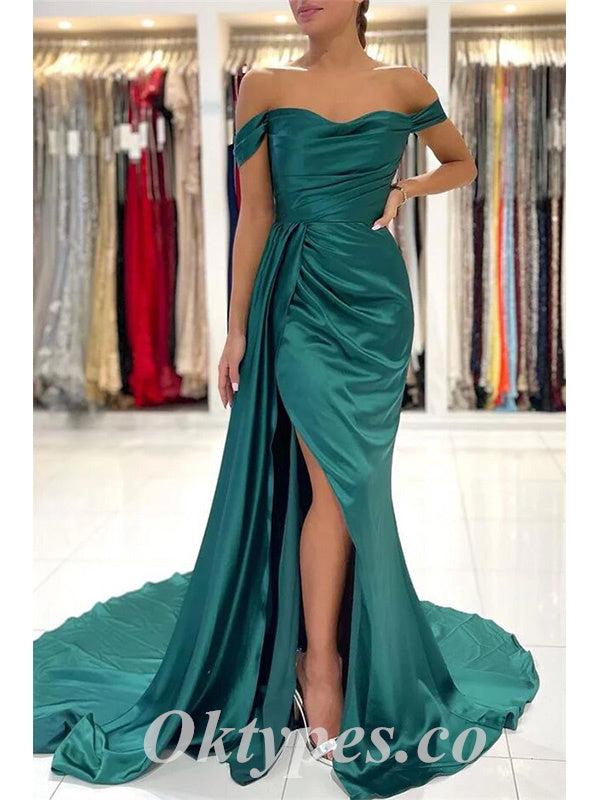 Sexy Satin Off Shoulder Sleeveless Side Slit Mermaid Long Prom Dresses With Trailing,PDS0736