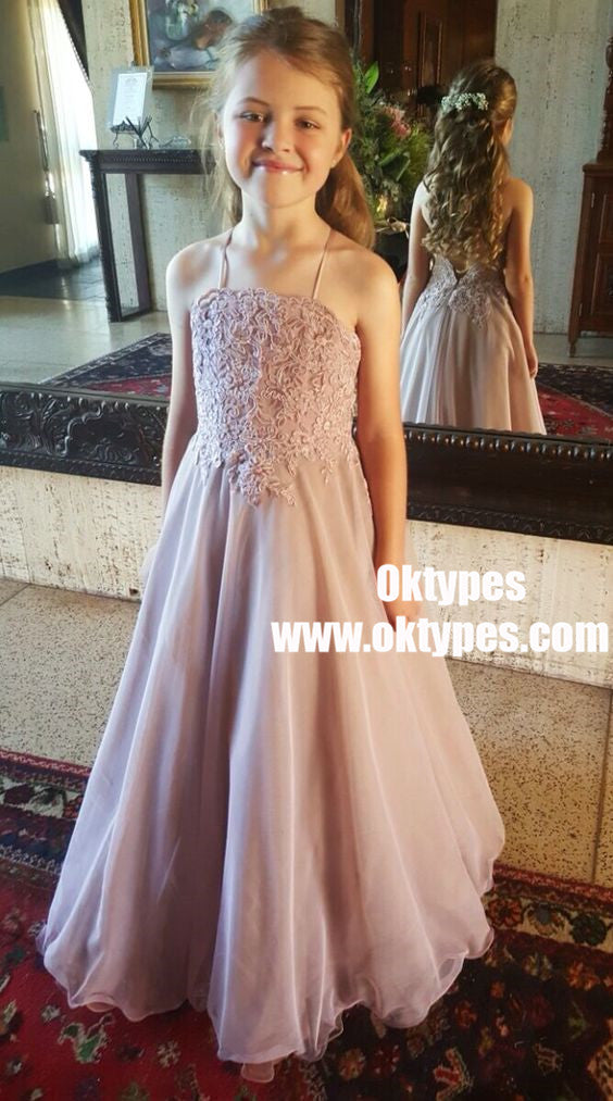 A-Line Spaghetti Straps Lilac Chiffon Flower Girl Dress with Appliques, TYP0969