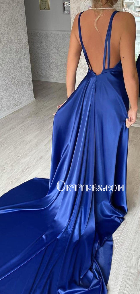 Sexy V-neck Mermaid Soft Satin Side Slit Long Prom Dresses, PDS0277