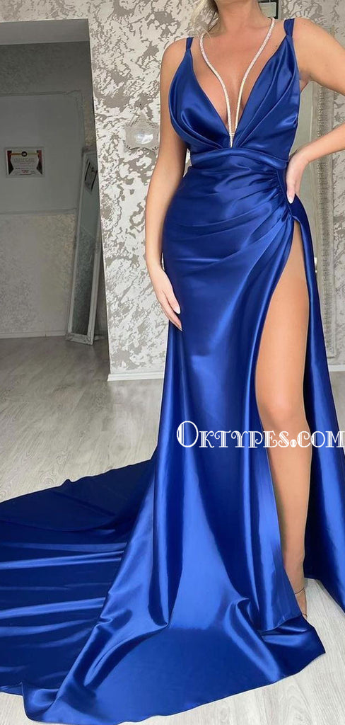 Sexy V-neck Mermaid Soft Satin Side Slit Long Prom Dresses, PDS0277