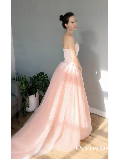 A-Line Sweetheart Neck Sleeveless Pink Long Prom Dresses with Appliques, TYP1863