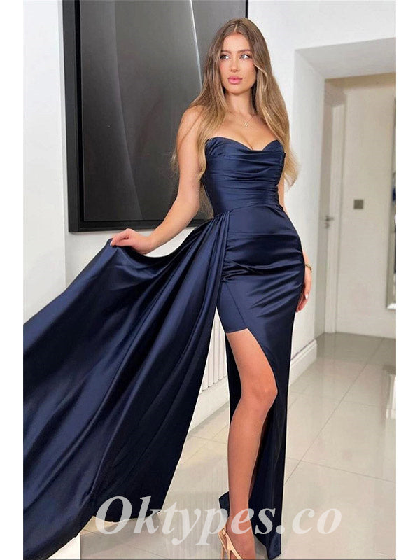 Sexy Soft Satin Sweetheart V-Neck Sleeveless Side Slit Mermaid Long Prom Dresses With Trailing, PDS0884