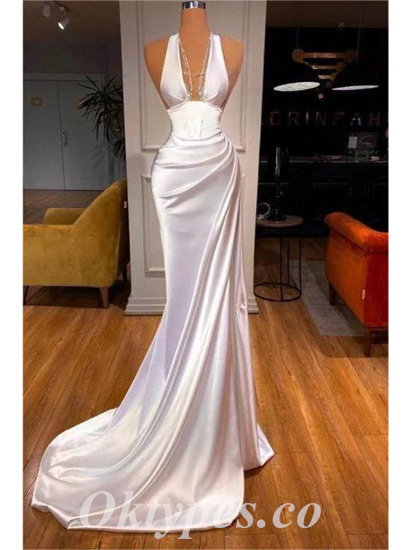 Elegant White Satin V-Neck Mermaid Long Prom Dresses,PDS0796