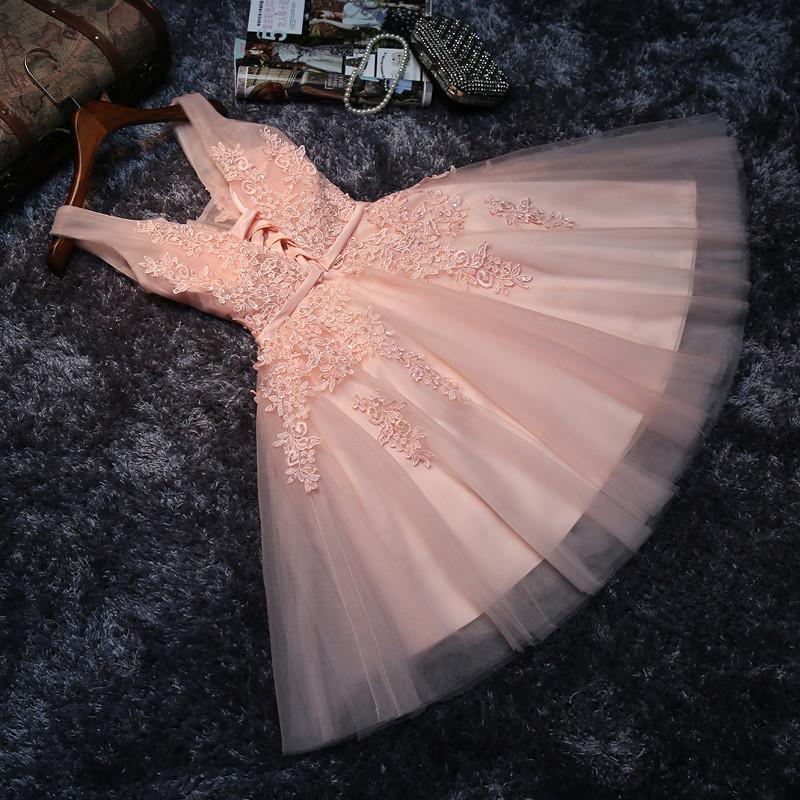 Cheap V Neck Peach Lace Beaded Cute Homecoming Dresses, CM445