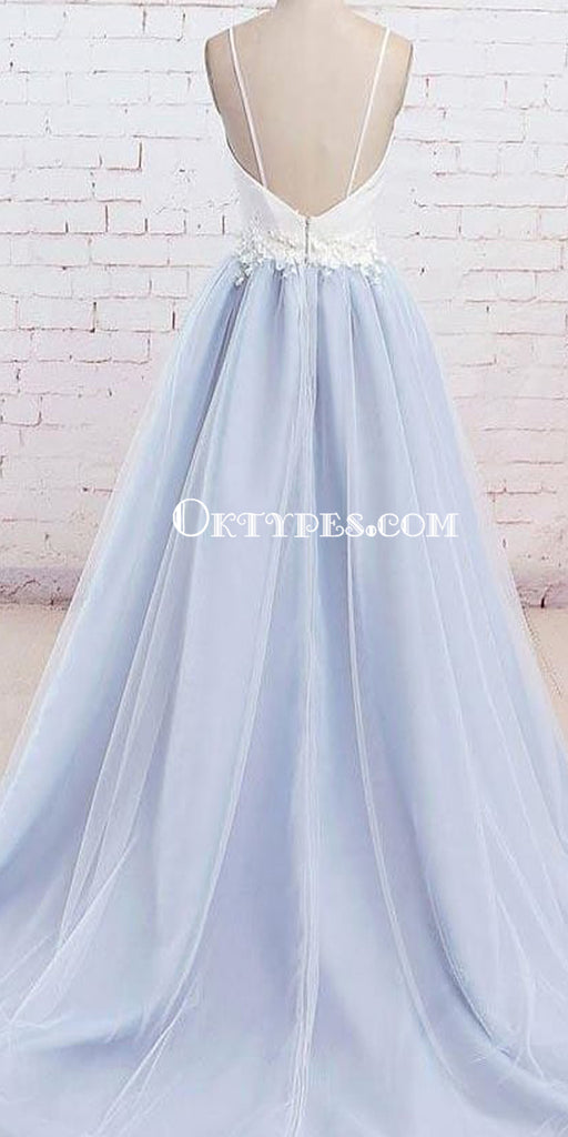 Charming Spaghetti Straps Lace Tulle A-line Cheap Long Prom Dresses, PDS0155