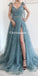 Charming Blue Gray Split Applique Tulle Cheap Long Prom Dresses, PDS0156