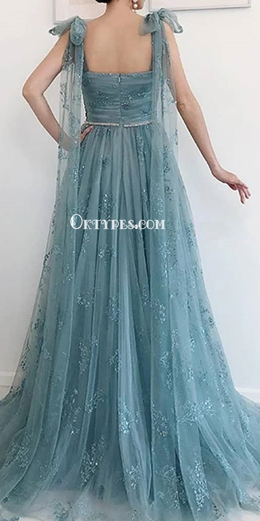 Charming Blue Gray Split Applique Tulle Cheap Long Prom Dresses, PDS0156