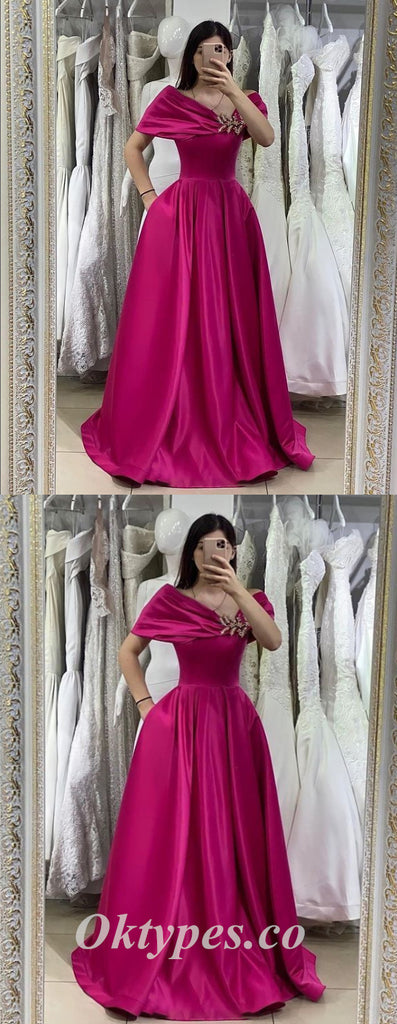 Sexy Satin Off Shoulder V-Neck Sleeveless A-Line Prom Dresses With Pockets,PDS0491