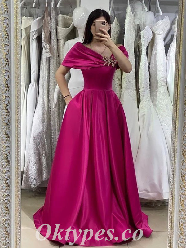 Sexy Satin Off Shoulder V-Neck Sleeveless A-Line Prom Dresses With Pockets,PDS0491