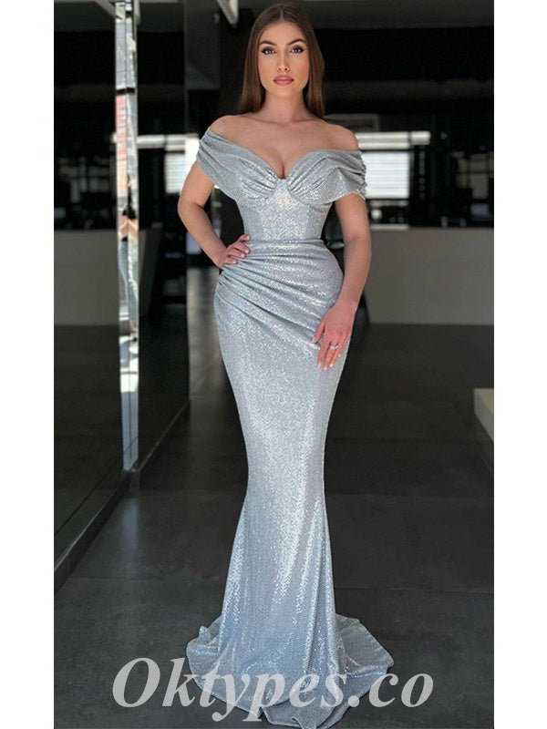 Sexy Sequin Off Shoulder V-Neck Sleeveless Mermaid Long Prom Dresses,PDS0537