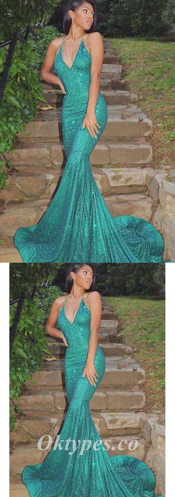 Sexy Charming Sequin Halter V-Neck Mermaid Long Prom Dresses,PDS0559