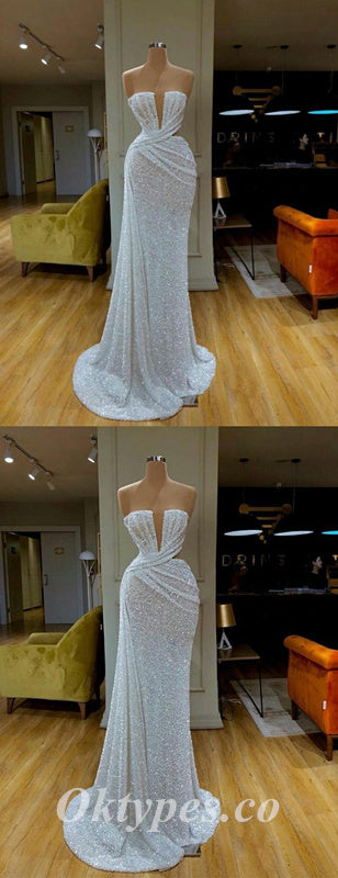 Gorgeous White Sequin Sweetheart V-Neck Sleeveless Mermaid Long Prom Dresses,PDS0510