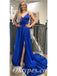 Sexy Soft Satin Spaghetti Straps V-Neck Sleeveless Side Slit A-Line Long Prom Dresses, PDS0887