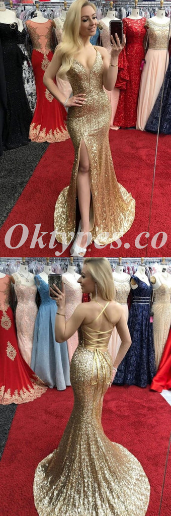 Sexy Gold Sequin Spaghetti Straps V-Neck Sleeveless Lace Up Side Slit Mermaid Long Prom Dresses,PDS0741