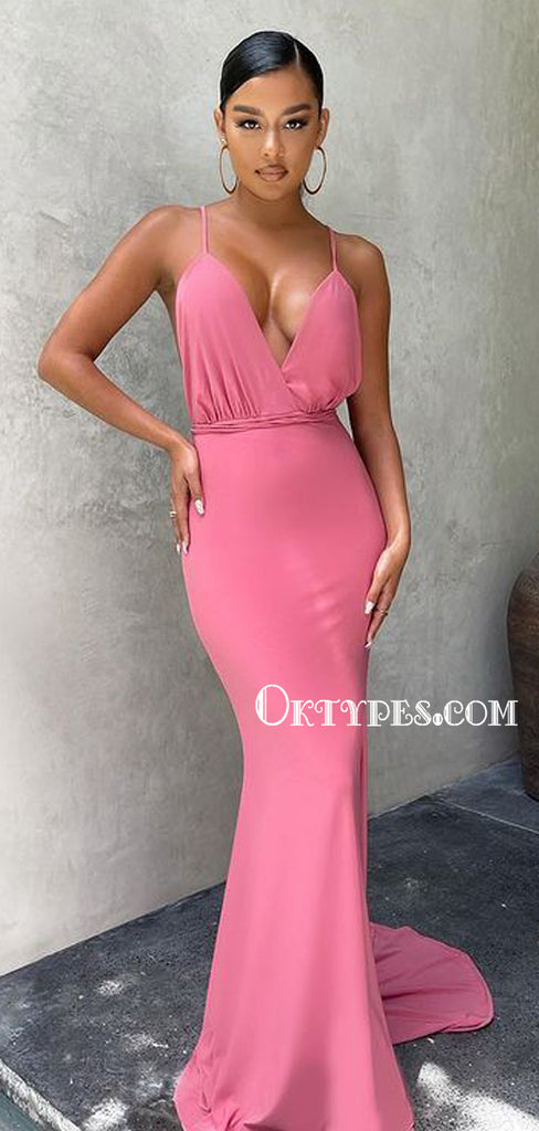 Sexy V-neck Mermaid Open Back Simple Long Prom Dresses, PDS0239