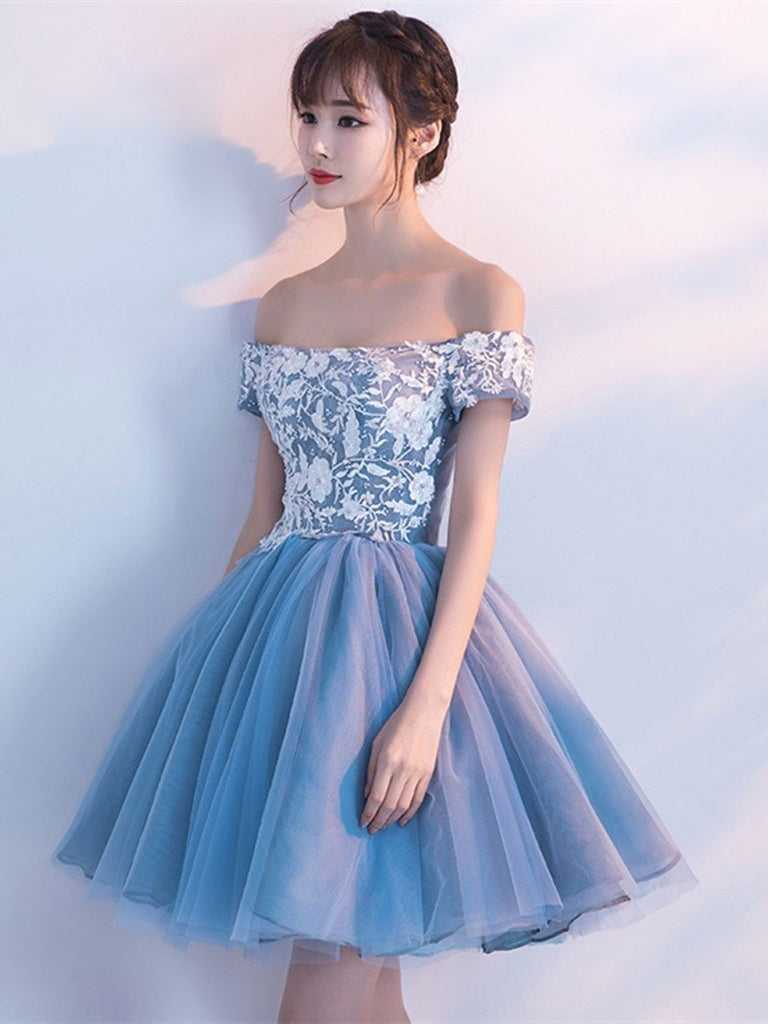 Cheap Blue Off Shoulder Lace Cute Homecoming Dresses, CM446