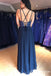 Charming V-neck Navy Blue Chiffon Long Cheap Prom Dresses With Beaded, TYP1894